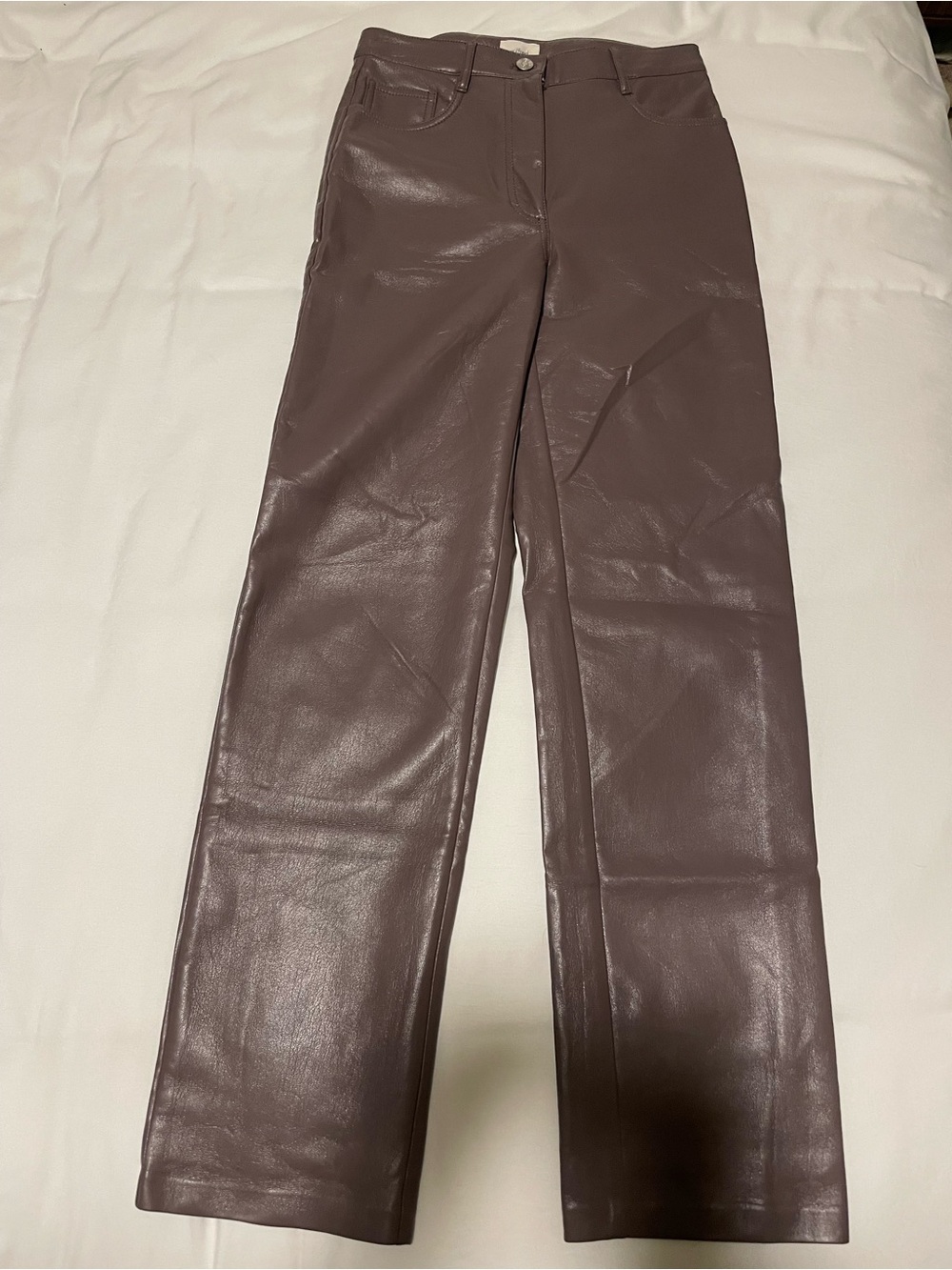 Wilfred women’s Faux Leather Straight-Leg Pants in Chocolate Brown.